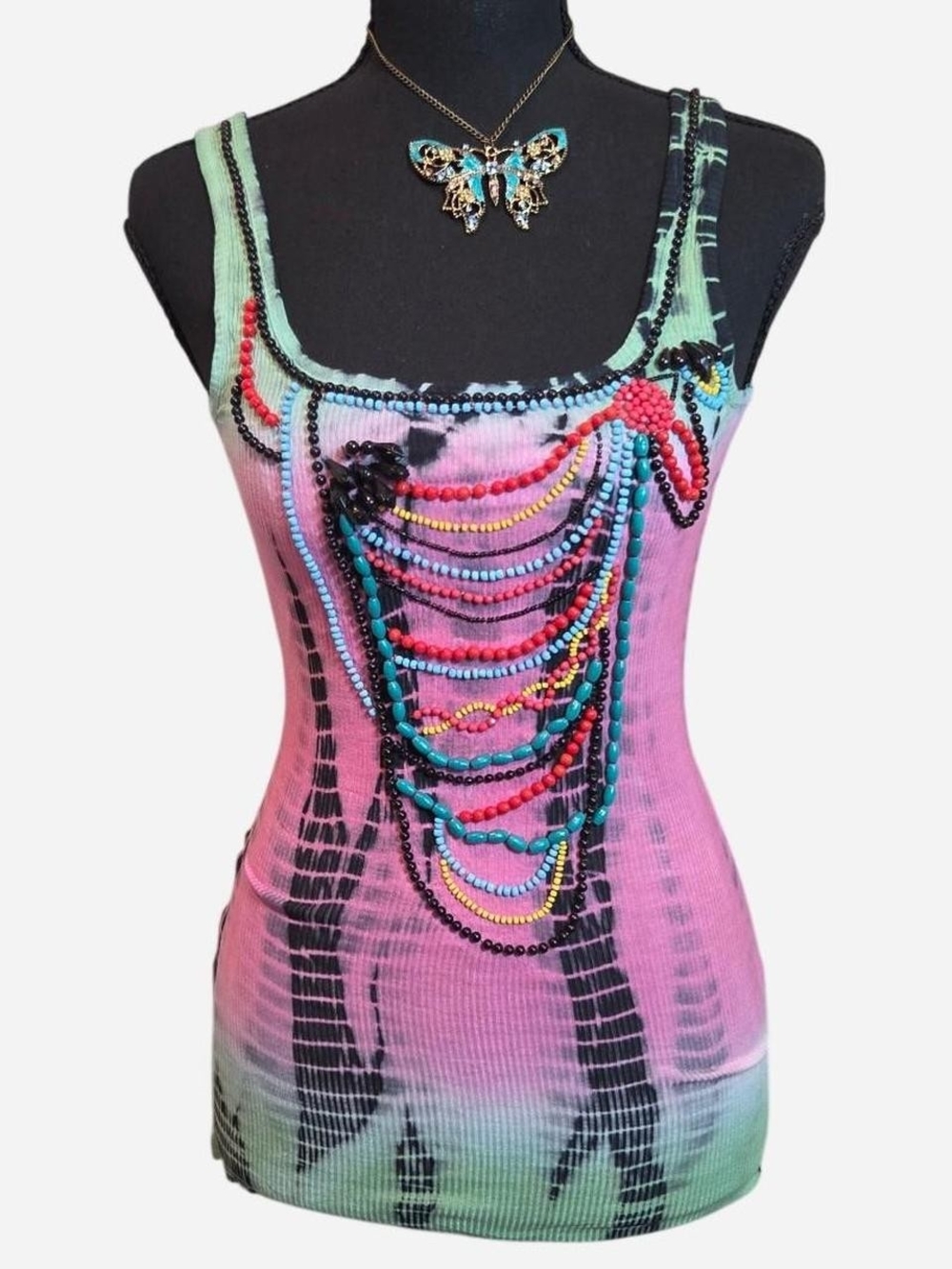 Morgan de Toi Y2K Pink & Mint Beaded Ribbed Tank Top